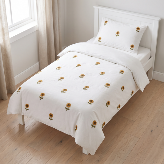 Embroidered Cotton Kids Quilt Cover with Sunflowers, Single, 140 x 210 cm