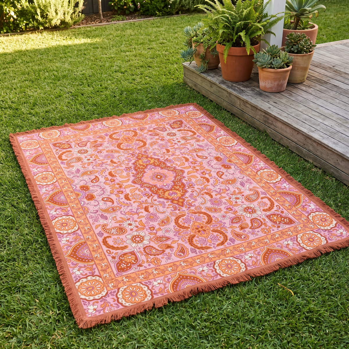 Woven Cotton Picnic Rug with Fringed Edges, Sage Stripe – 190 x 160 cm