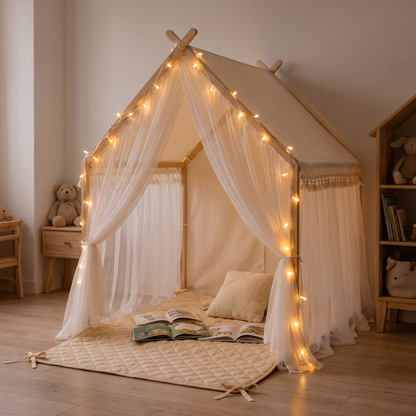 Fairytale Play Tent Set with Quilted Mat and USB Fairy Lights, Ivory