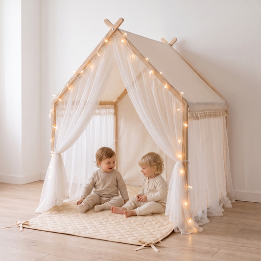 Fairytale Play Tent Set with Quilted Mat and USB Fairy Lights, Ivory