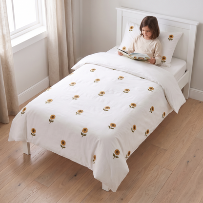 Embroidered Cotton Kids Quilt Cover with Sunflowers, Single, 140 x 210 cm