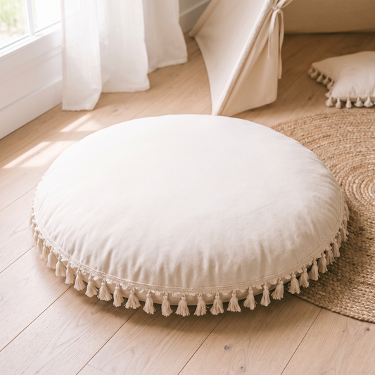 Large Round Floor Cushion Cover with Corner Tassels – Cotton, 90 cm, Ecru