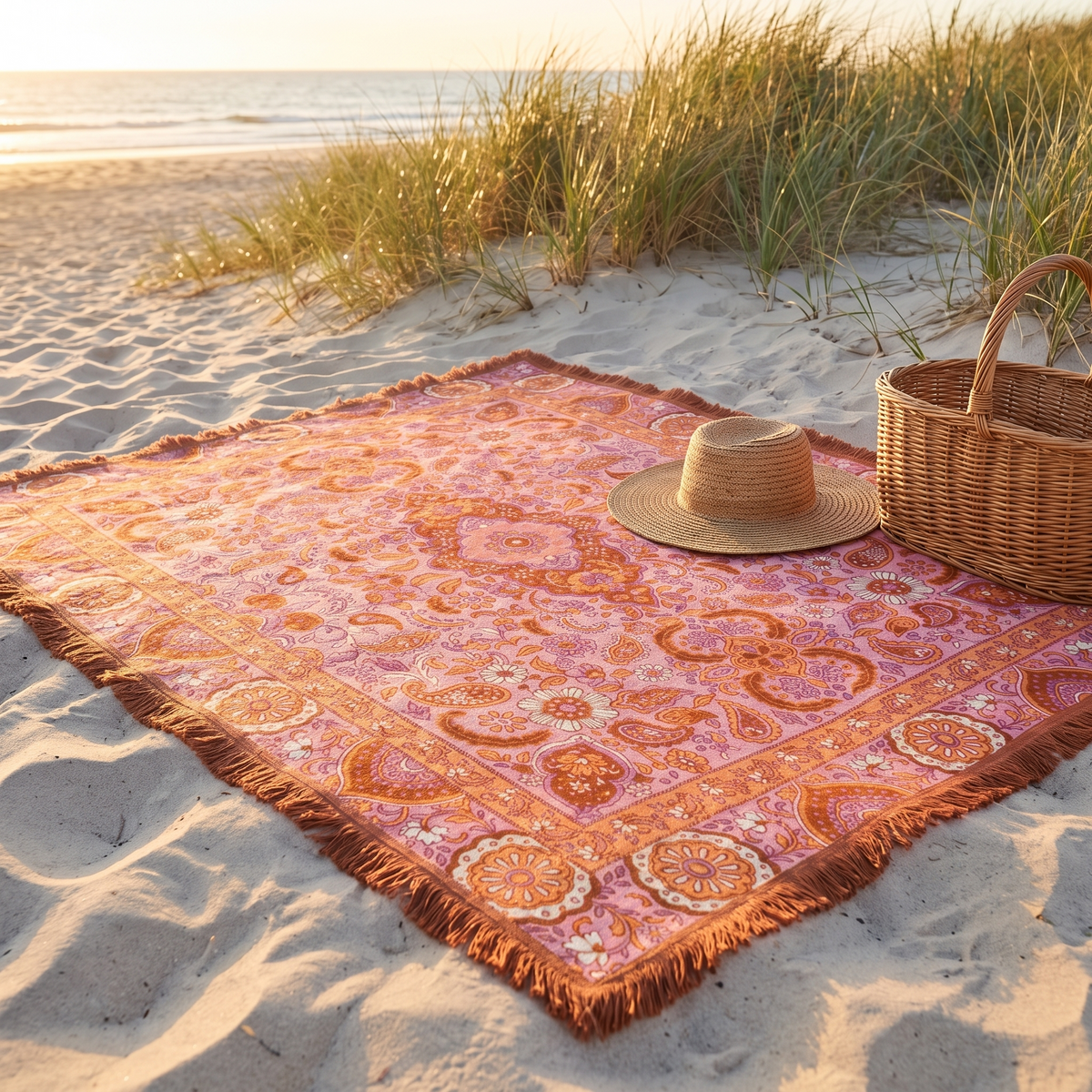 Woven Cotton Picnic Rug with Fringed Edges, Sage Stripe – 190 x 160 cm