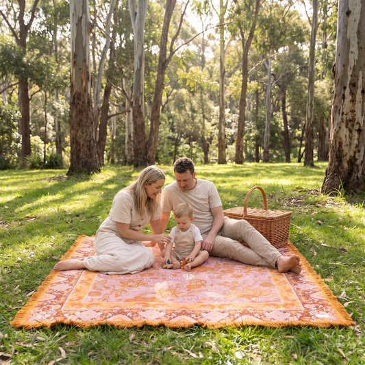 Woven Cotton Picnic Rug with Fringed Edges, Terracotta Stripe – 205 x 160 cm