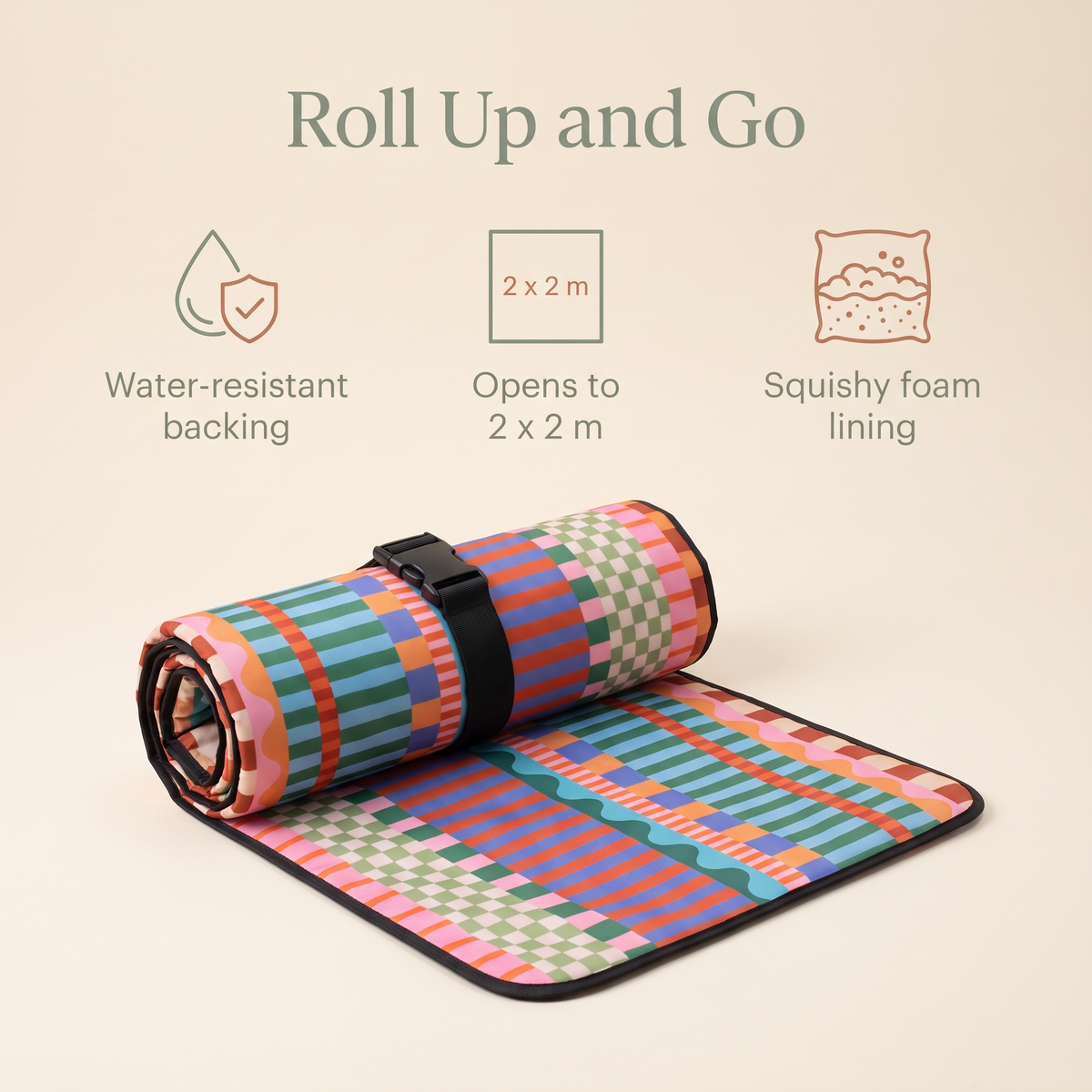 Roll-Up Picnic Rug with Foam Lining, Terracotta Stripe