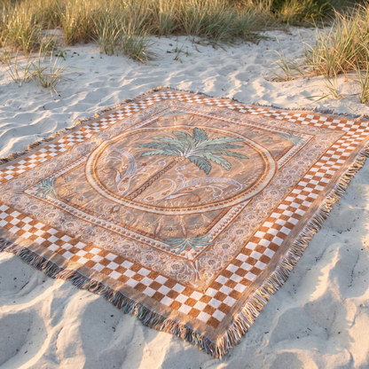 Woven Cotton Picnic Rug with Fringed Edges, Black and Natural Stripe – 160 x 200 cm