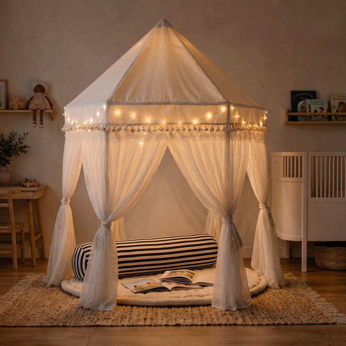 Fairytale Tent Reading Corner Set with Support Pillow and USB Fairy Lights, Ivory