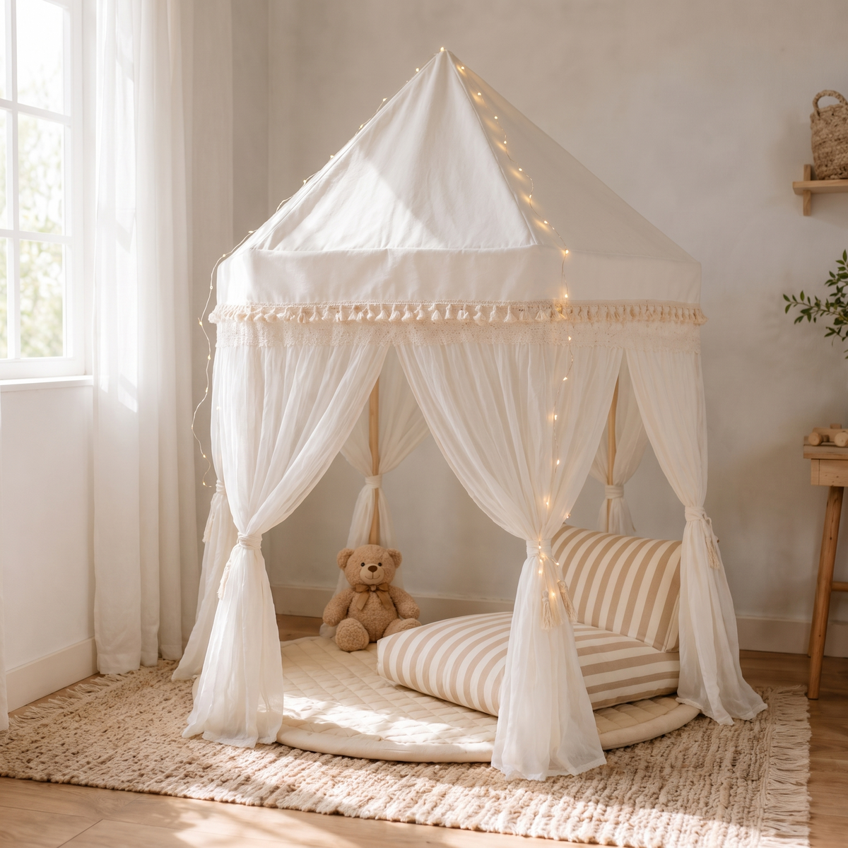 Play Tent Set with Quilted Mat, Fairy Lights and Support Pillow – Ivory