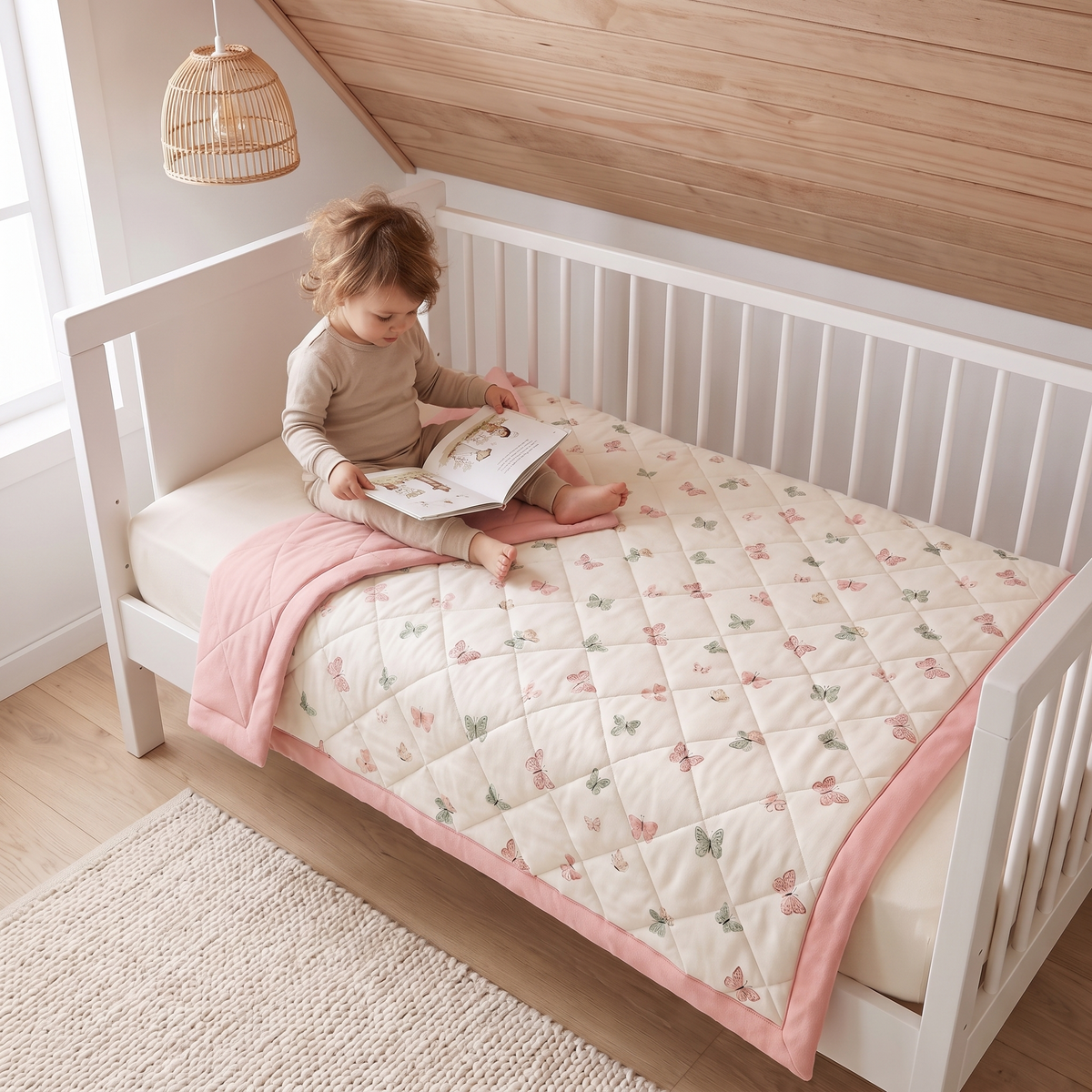 Reversible Quilted Jersey Cotton Cot Comforter, Butterfly Print – 100 x 120 cm