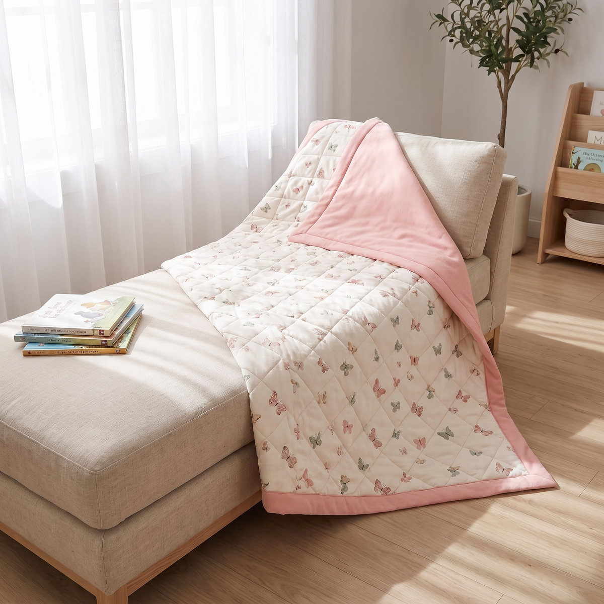 Reversible Quilted Jersey Cotton Cot Comforter, Butterfly Print – 100 x 120 cm