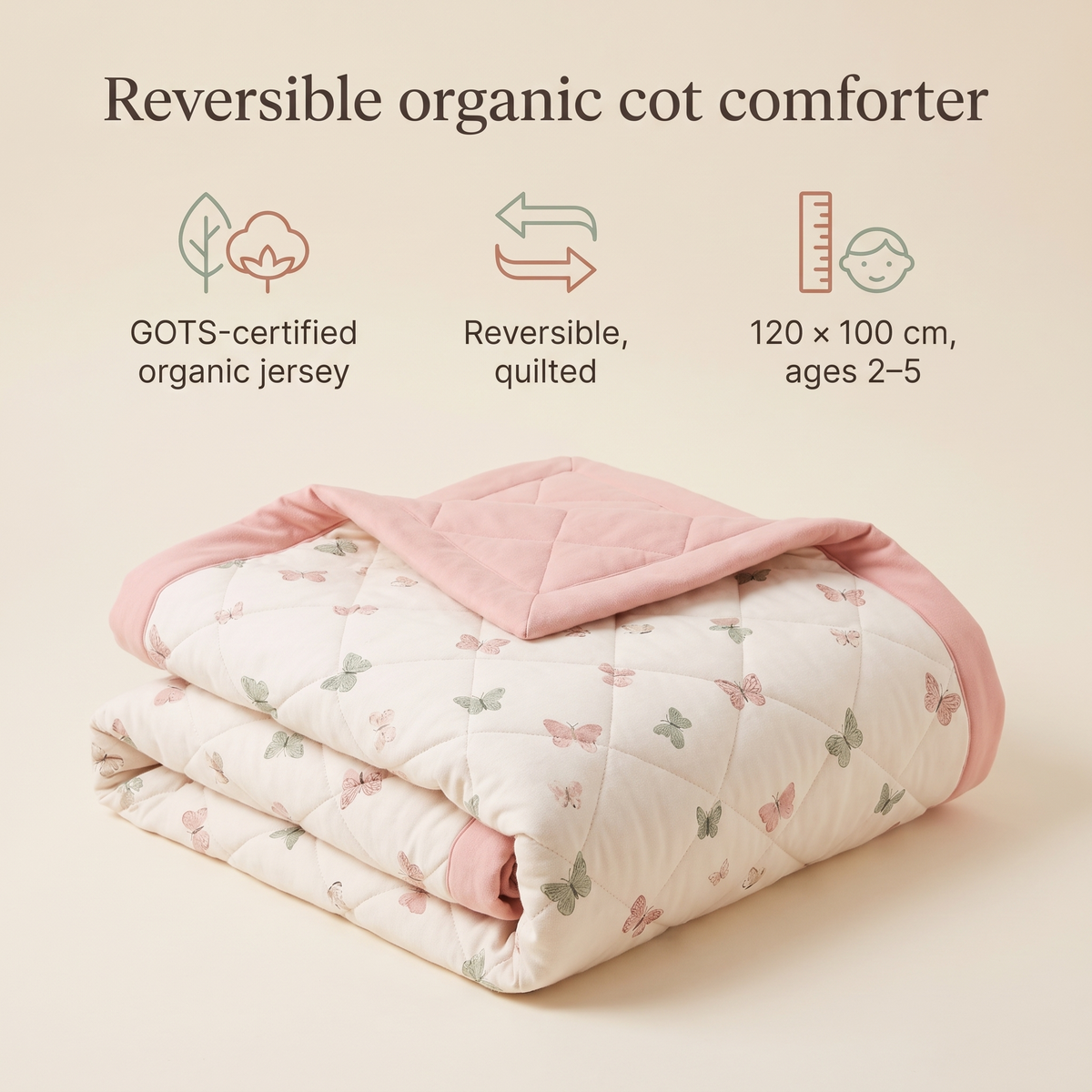 Reversible Quilted Jersey Cotton Cot Comforter, Butterfly Print – 100 x 120 cm
