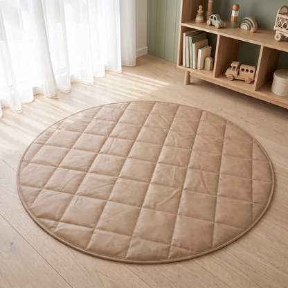 Round Quilted Faux Leather Play Mat with Tote Bag – Tan, 120 cm