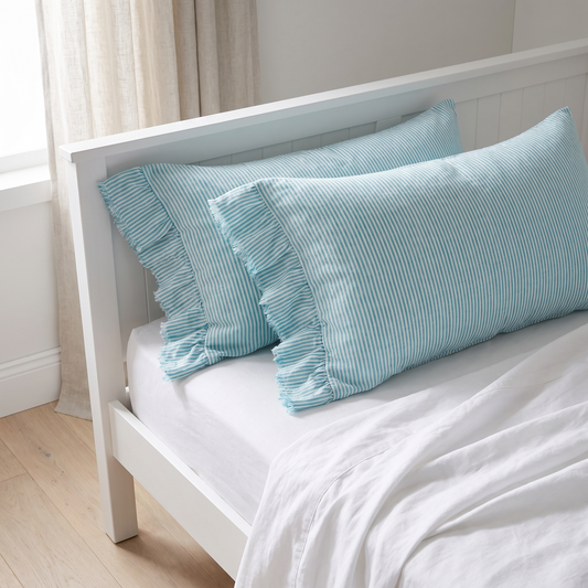 Ruffle-Edge Linen Pillowcase Pair, Lagoon Stripe – 48 x 73 cm