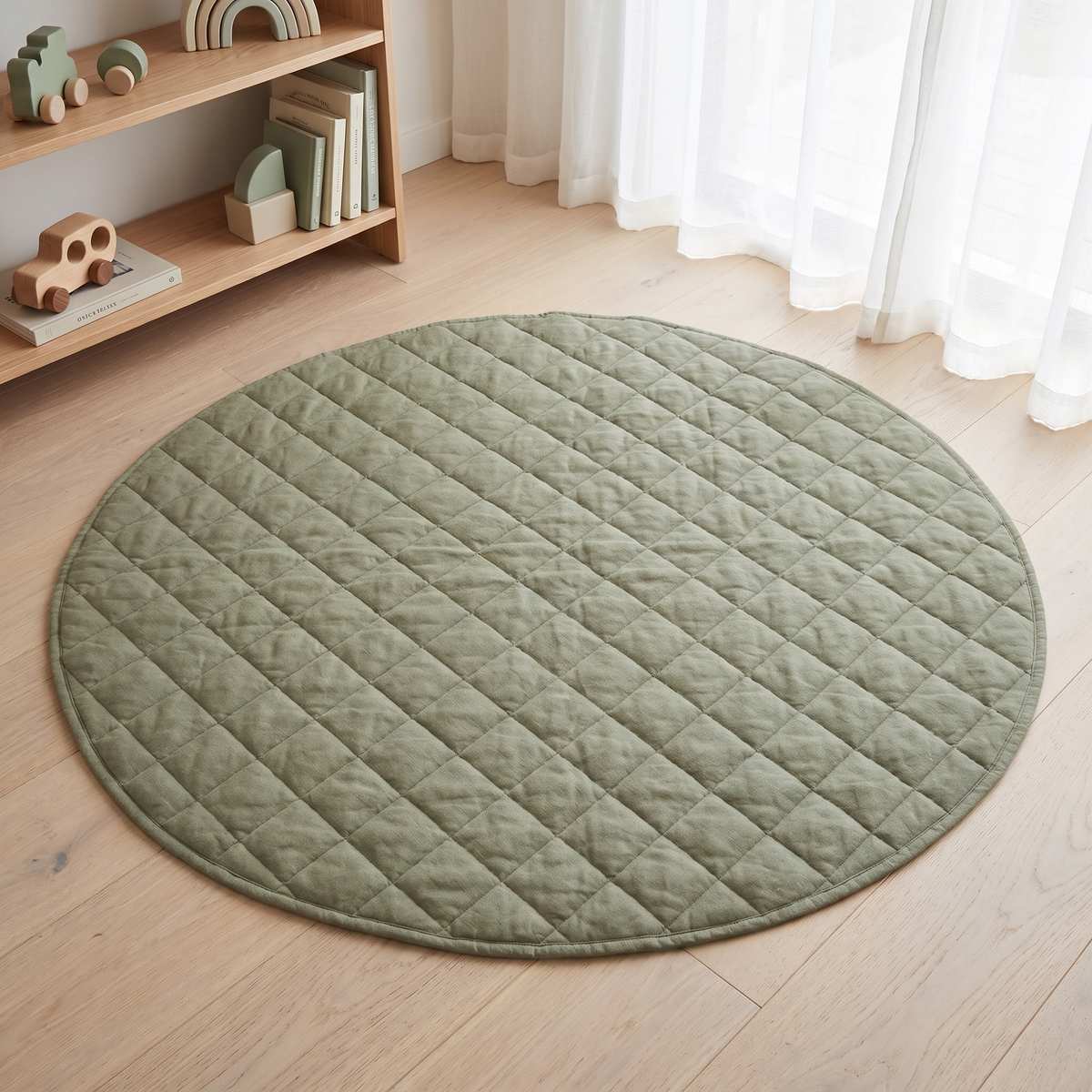 Quilted French Linen Round Play Mat – Olive, 115 cm
