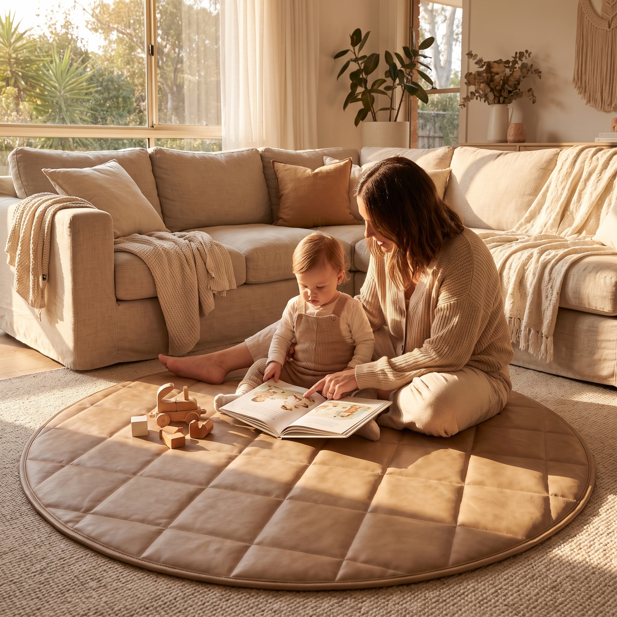 Round Quilted Faux Leather Play Mat with Tote Bag – Tan, 120 cm