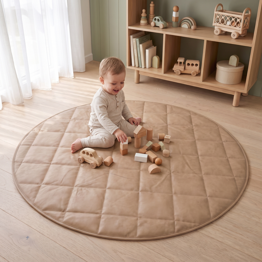Round Quilted Faux Leather Play Mat with Tote Bag – Tan, 120 cm