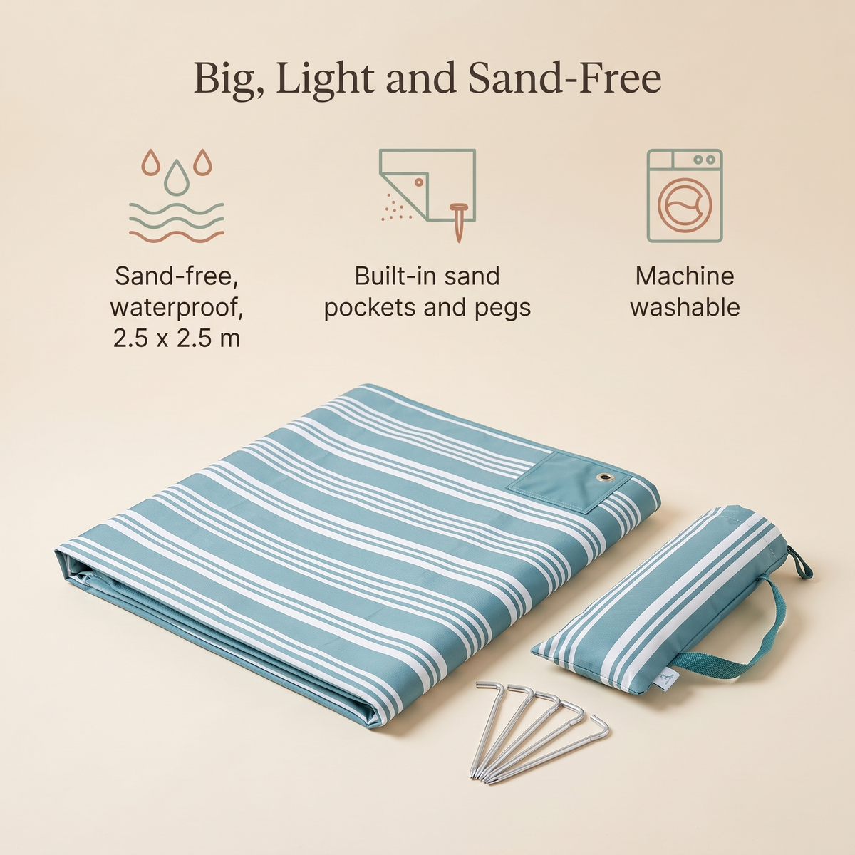 Sand-Free Beach Mat Kit with Pegs and Wash Bag, Stripe