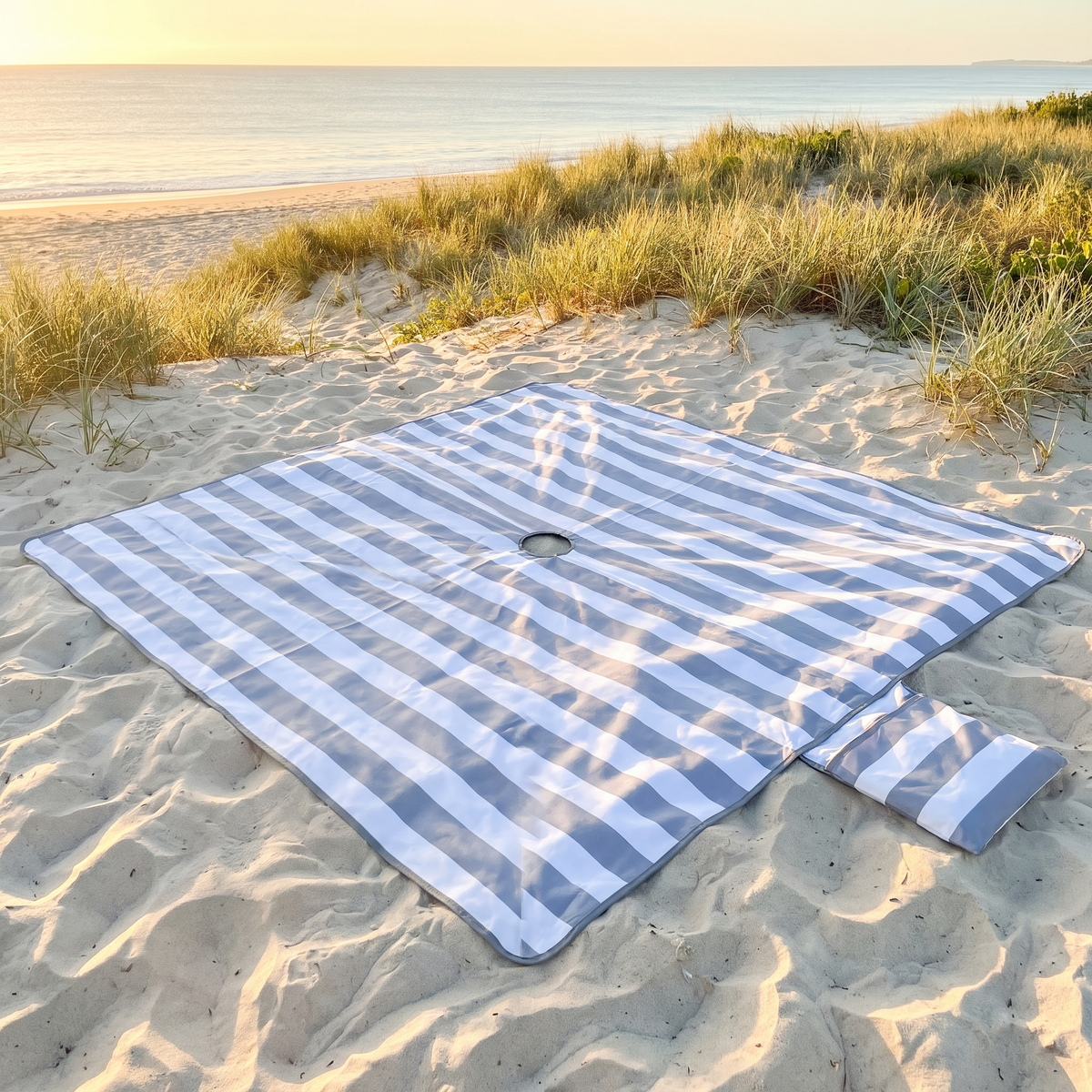 Extra Large Sand-Free Beach Mat with Umbrella Hole and Beach Bag, Cool Gray Stripe