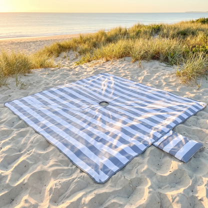Extra Large Sand-Free Beach Mat with Umbrella Hole and Beach Bag, Cool Gray Stripe