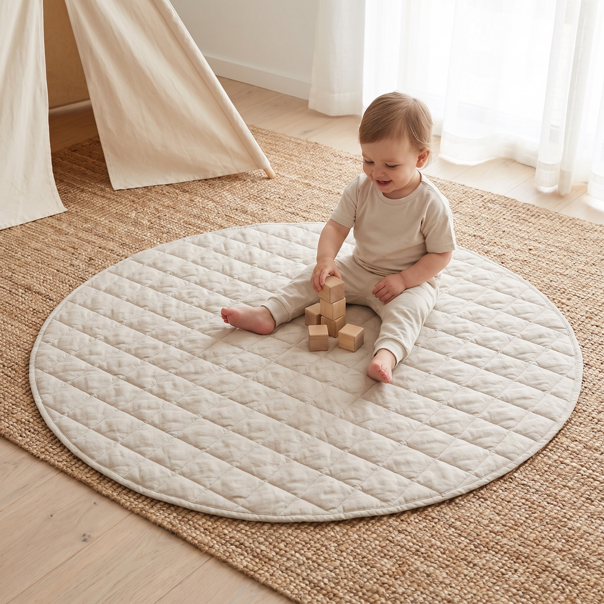 Quilted French Linen Round Play Mat – Natural, 115 cm