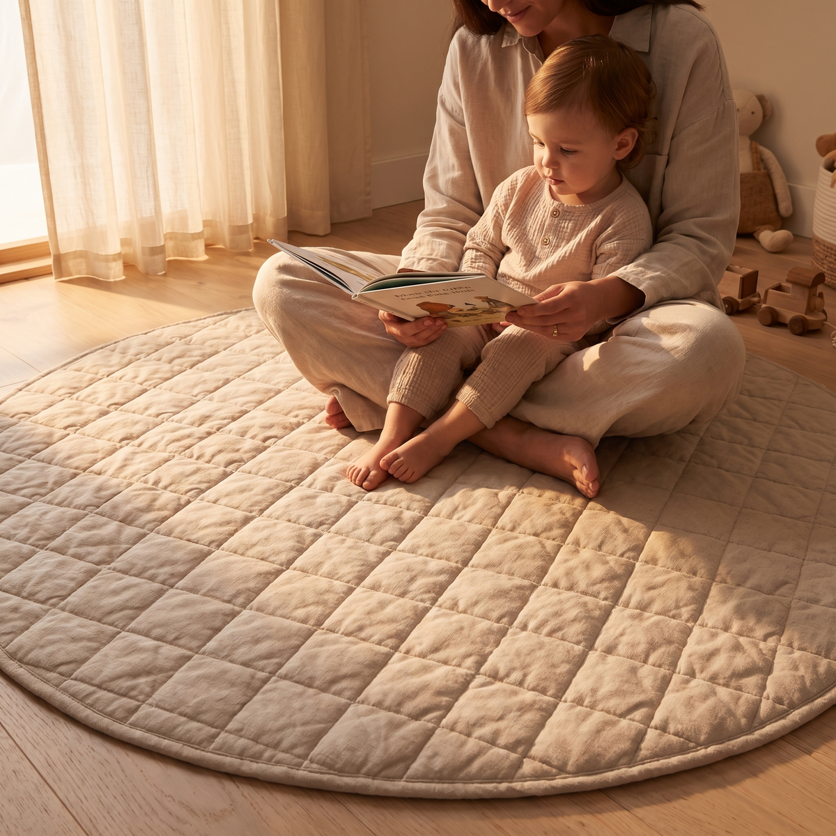 Quilted French Linen Round Play Mat – Natural, 115 cm