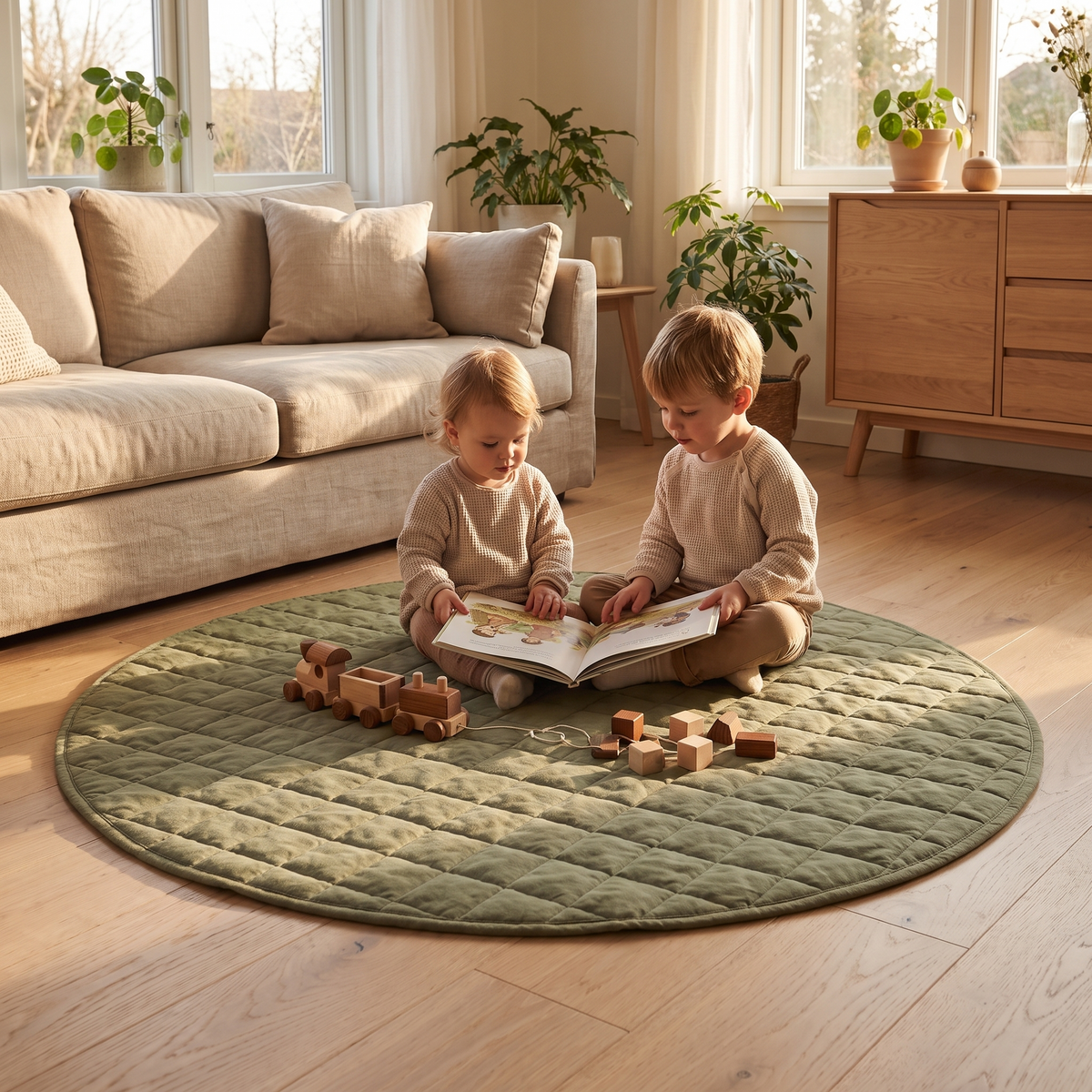 Quilted French Linen Round Play Mat – Olive, 115 cm