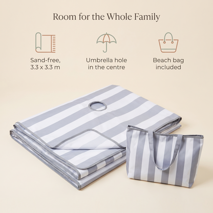 Extra Large Sand-Free Beach Mat with Umbrella Hole and Beach Bag, Cool Gray Stripe