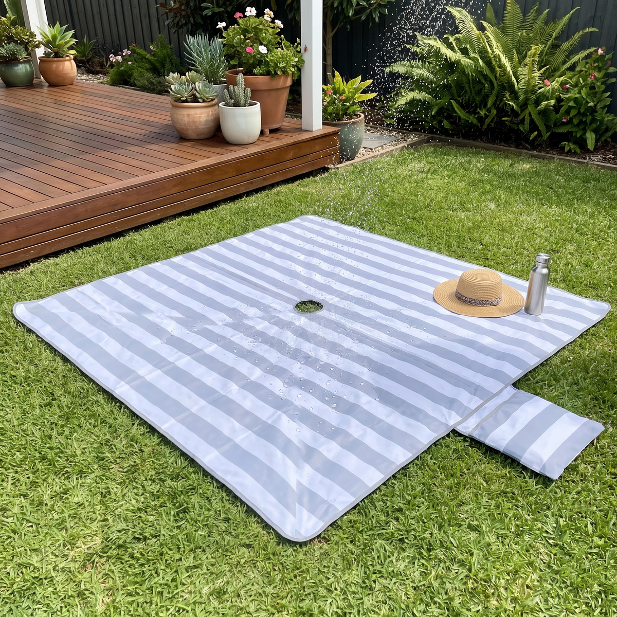 Extra Large Sand-Free Beach Mat with Umbrella Hole and Beach Bag, Cool Gray Stripe