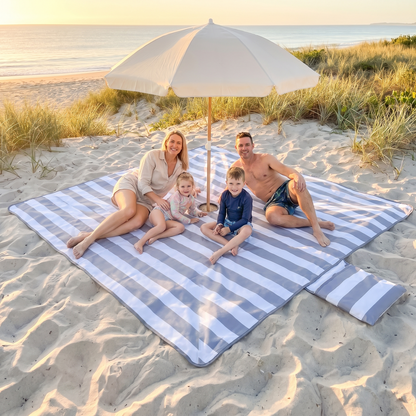Extra Large Sand-Free Beach Mat with Umbrella Hole and Beach Bag, Cool Gray Stripe