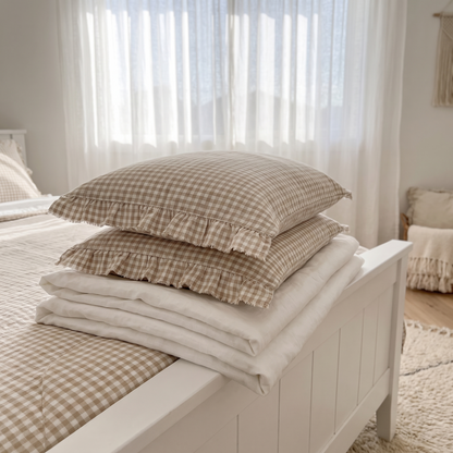 Ruffle-Edge Linen Pillowcase Pair, Oat Gingham – 48 x 73 cm