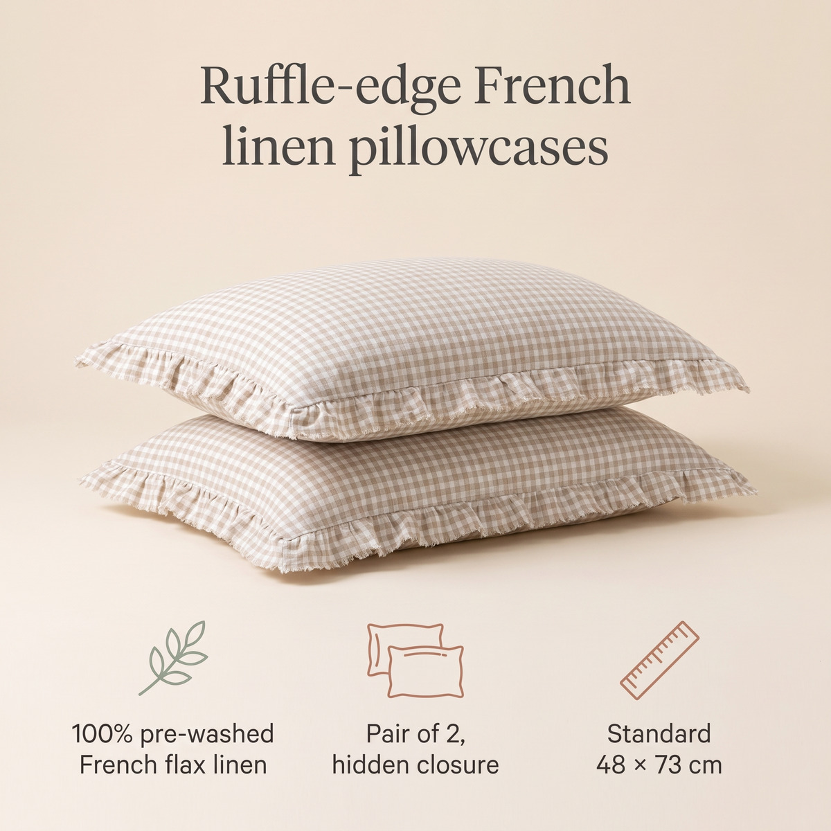 Ruffle-Edge Linen Pillowcase Pair, Oat Gingham – 48 x 73 cm