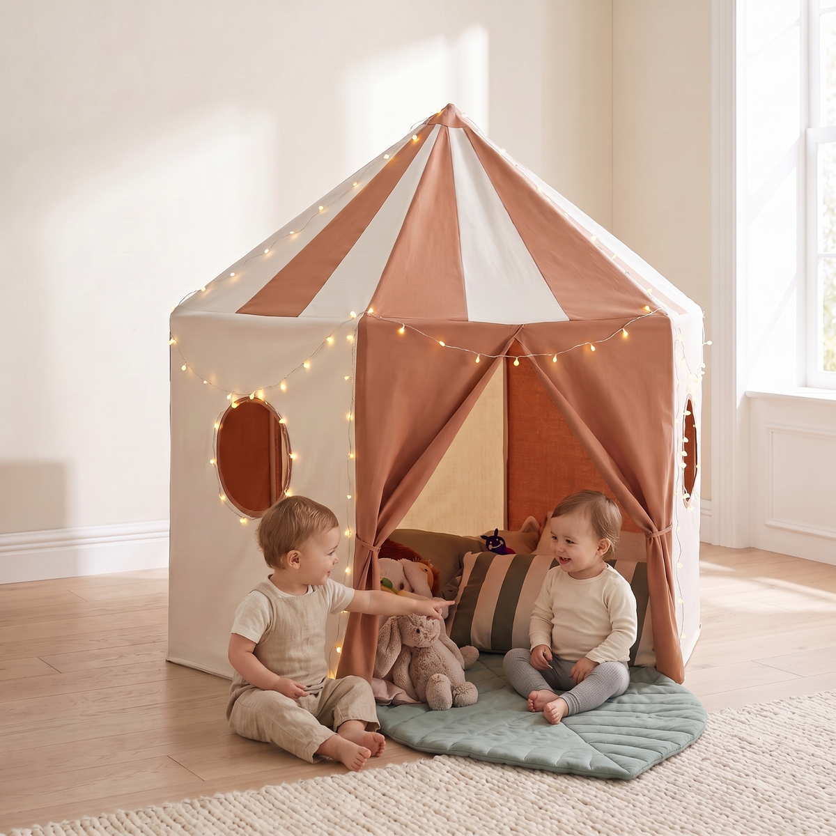Pop-Up Pavilion Play Tent Bundle with Leaf Play Mat and USB Fairy Lights – Terracotta and Jade