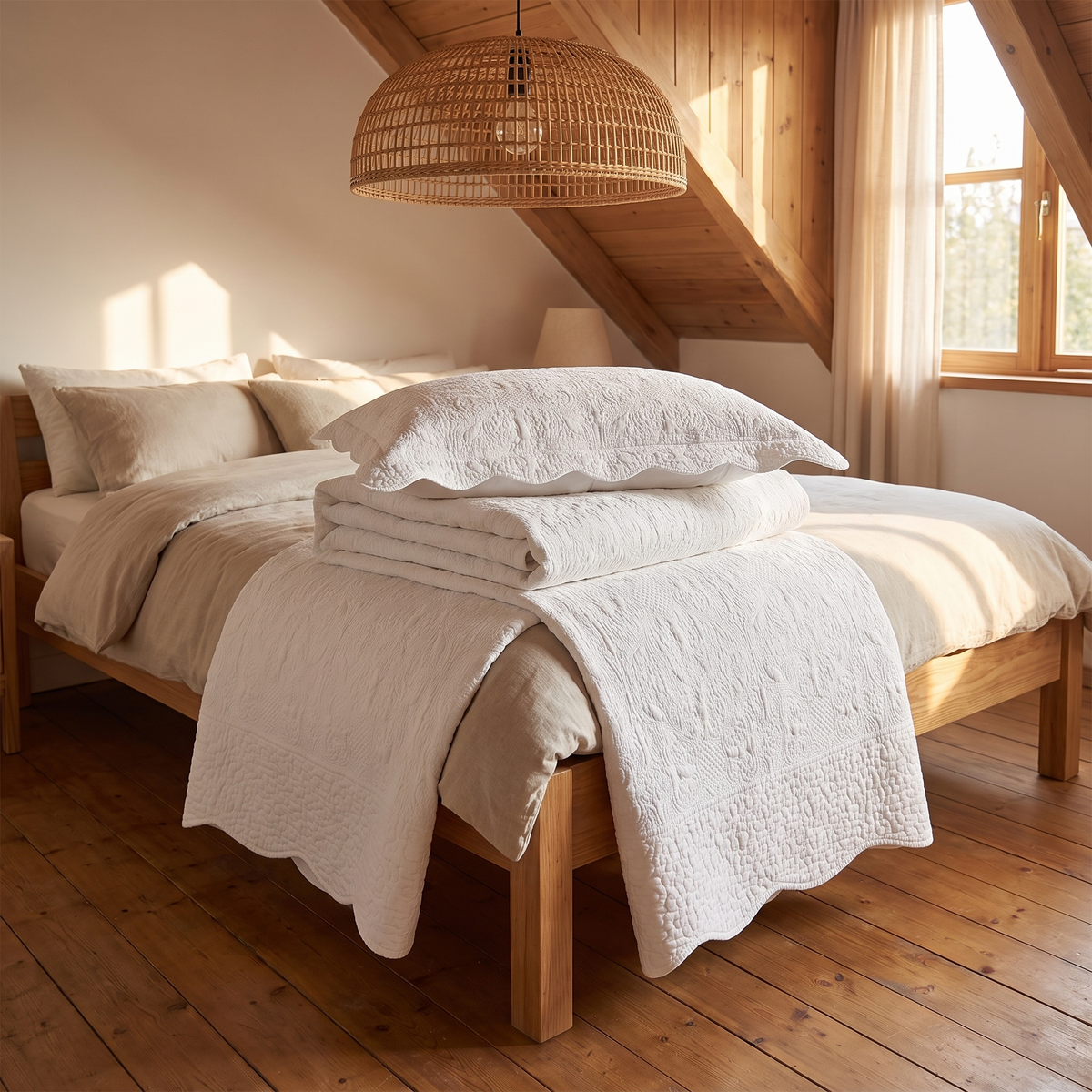 Quilted Cotton Coverlet Set with Pillowcase, Antique White – King Single