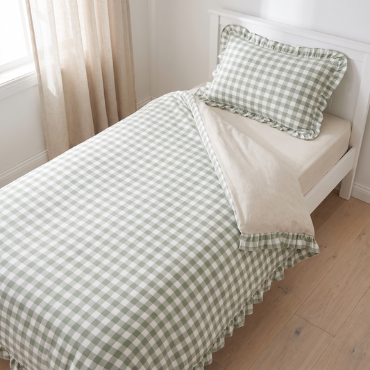 Single Quilt Cover and Ruffle Pillowcase Set, Sage Gingham