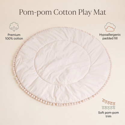 Quilted Cotton Round Play Mat with Pom-Pom Trim – Oat, 110 cm
