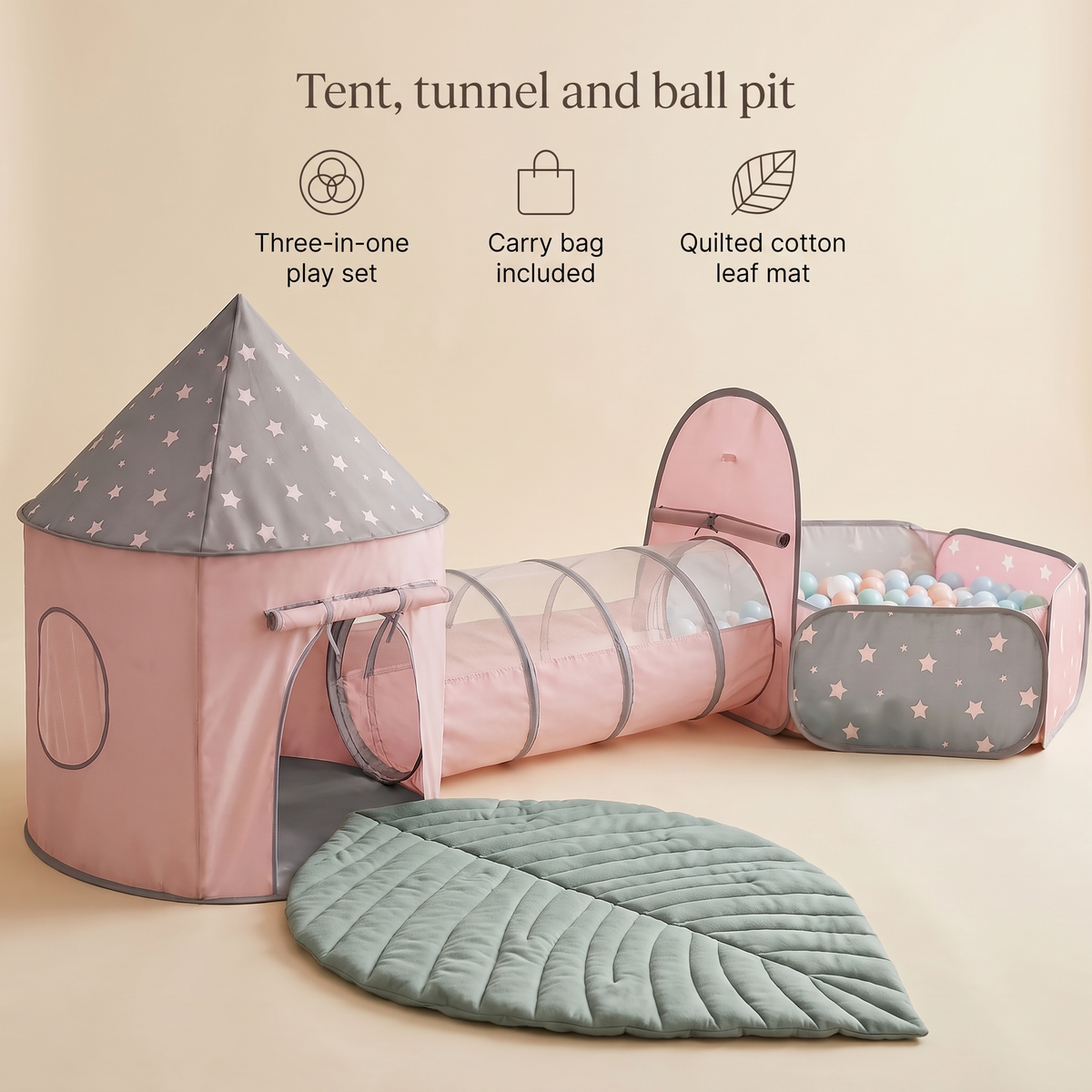 3-in-1 Play Tent with Crawl Tunnel, Ball Pit and Leaf Play Mat, Gray