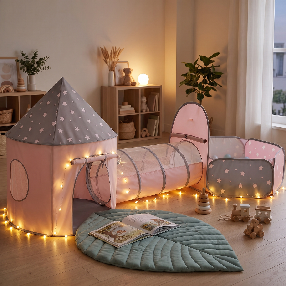 3-in-1 Play Tent with Crawl Tunnel, Ball Pit and Leaf Play Mat, Gray