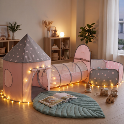 3-in-1 Play Tent with Crawl Tunnel, Ball Pit and Leaf Play Mat, Gray