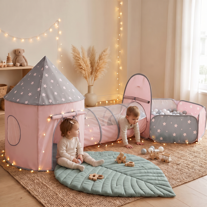 3-in-1 Play Tent with Crawl Tunnel, Ball Pit and Leaf Play Mat, Gray