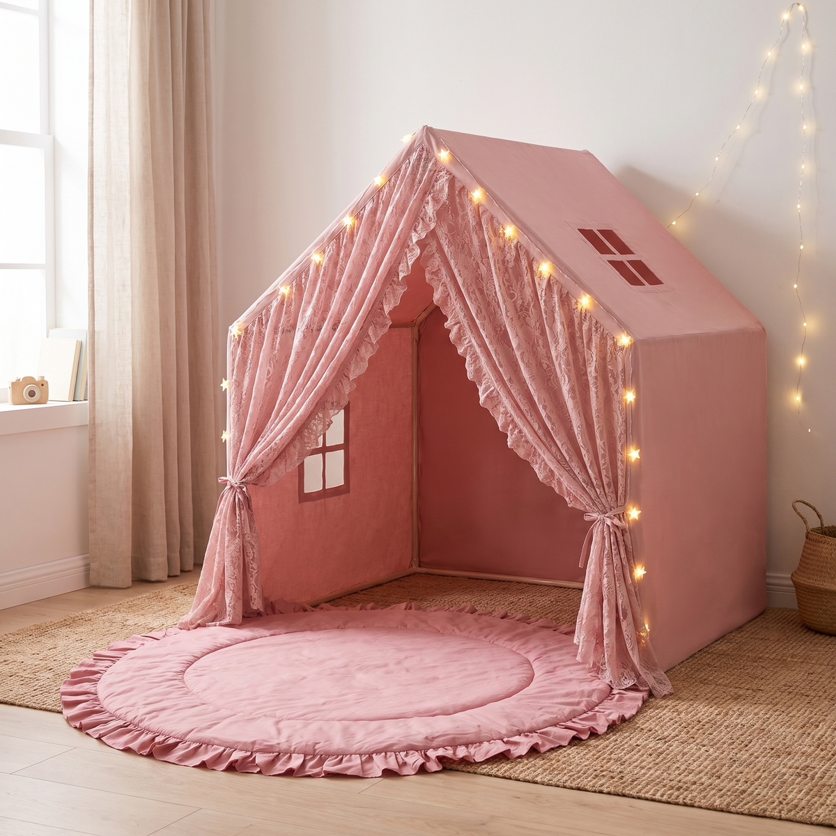 Lace Play Tent and Round Ruffle Play Mat Set with String Lights, Rose