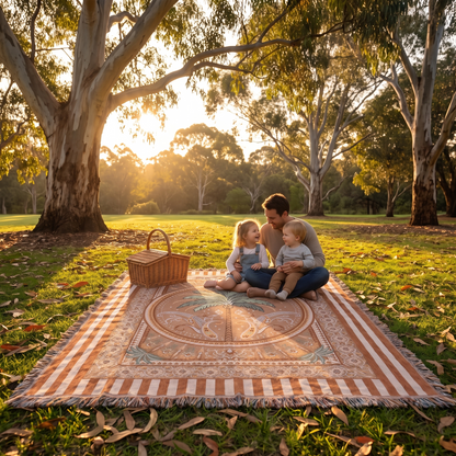 Woven Cotton Picnic Rug and Throw, Terracotta Stripe – 160 x 200 cm