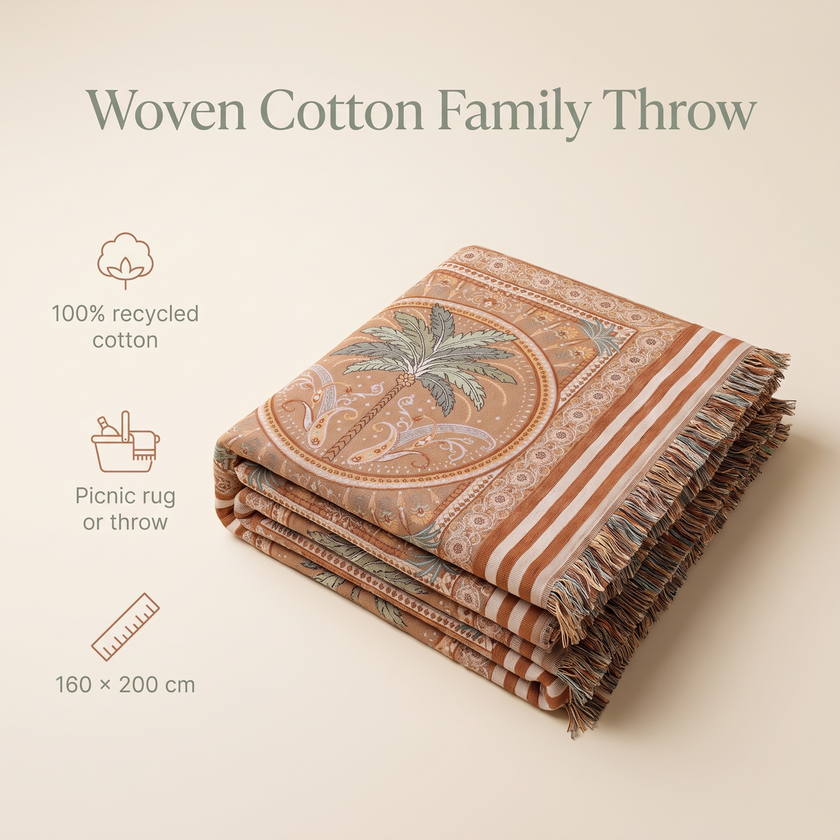 Woven Cotton Picnic Rug and Throw, Terracotta Stripe – 160 x 200 cm