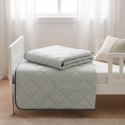 Quilted Cotton Voile Cot Bedspread with Cotton Fill, Sage Stripe – 100 x 120 cm