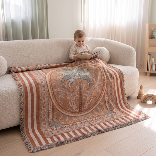 Woven Cotton Picnic Rug and Throw, Terracotta Stripe – 160 x 200 cm