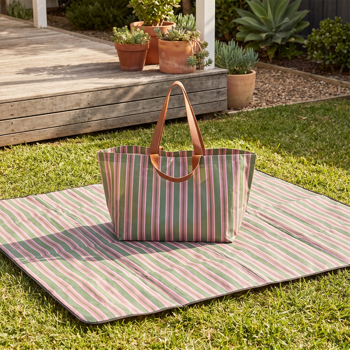 Roll-Up Picnic Rug and Woven Beach Bag Set, Olive Check