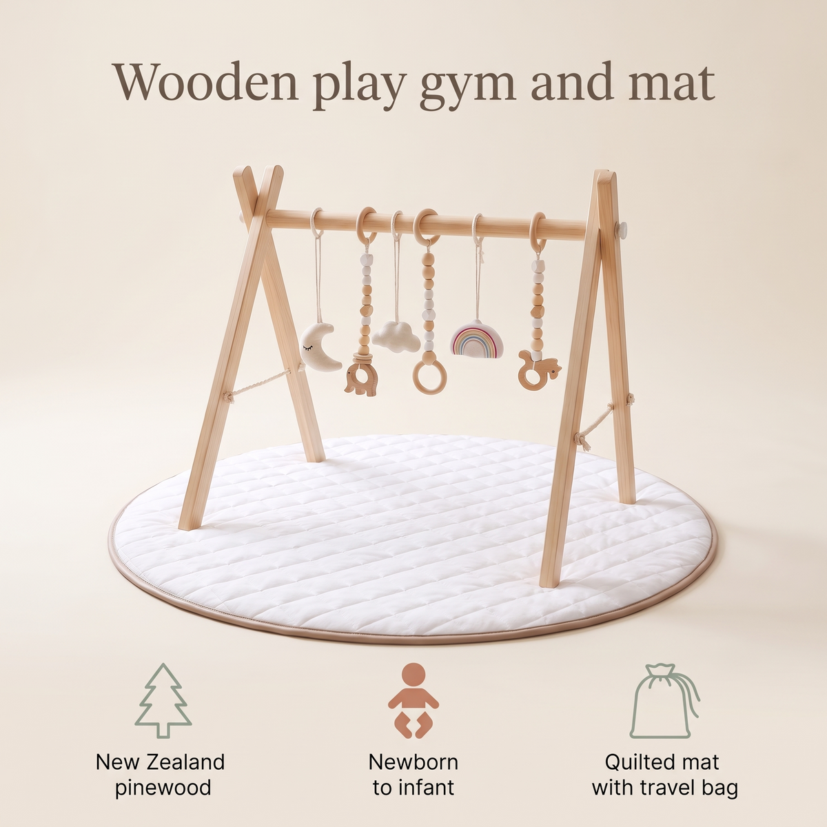 Wooden Play Gym Frame and Round Quilted Play Mat Set – Natural and Whisper White