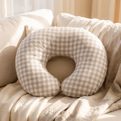 U-Shaped Linen Nursing Pillow with Removable Cover and Carry Bag, Oat Gingham