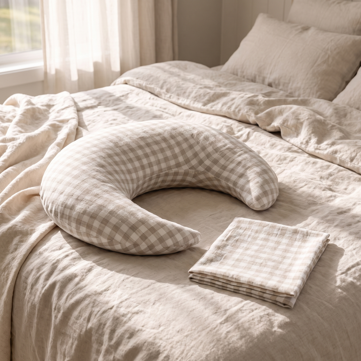 Crescent Linen Nursing Pillow with Dust Cover Bag, Gingham