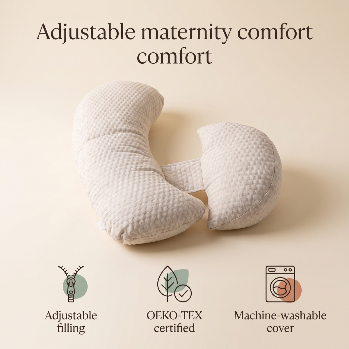 Large Maternity Pillow with Adjustable Fill and Washable Cover, Natural
