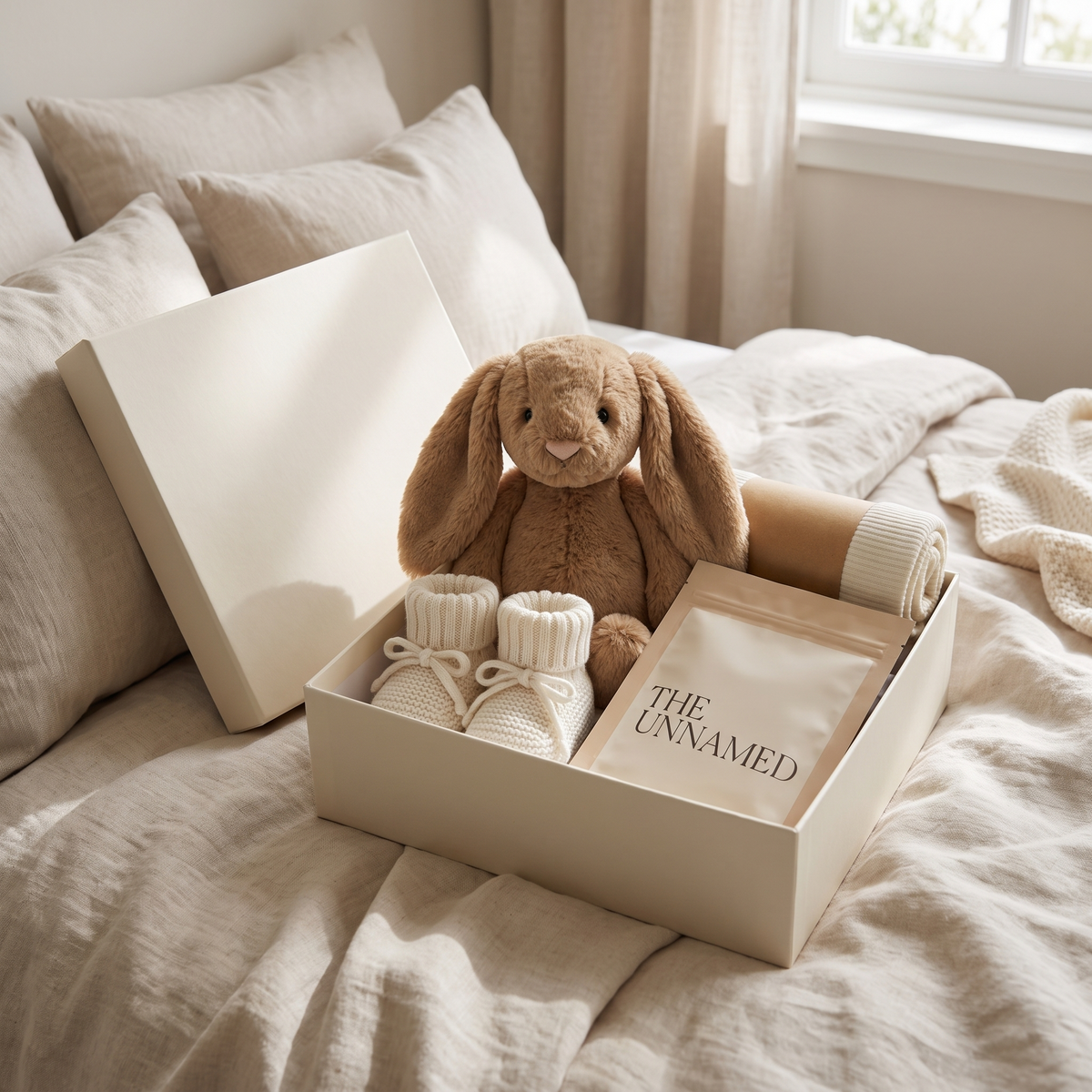 Mum and Baby Gift Box with Bamboo Swaddle, Bunny Toy and Booties, Oat